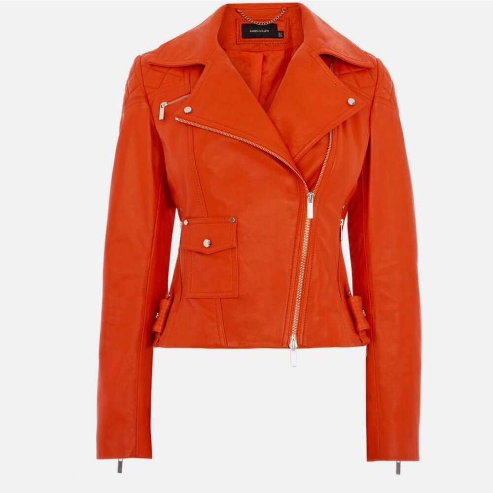 Karen Millen Cropped Leather Biker Jacket Limited Edition Size 6 Orange $780 NWT